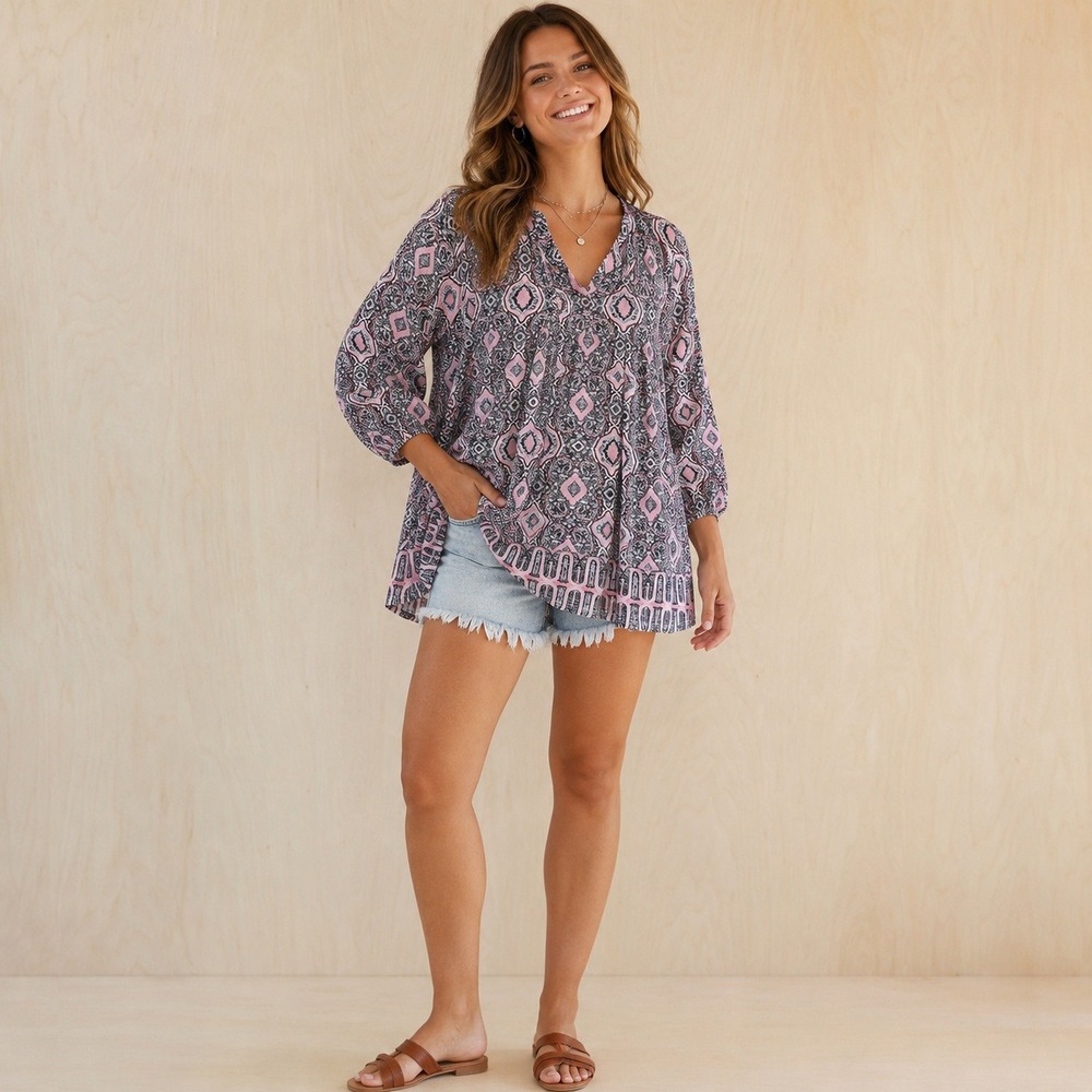 Rose + Olive Womens Pink Black Paisley Medallion Boho 3/4 Sleeve Top Large